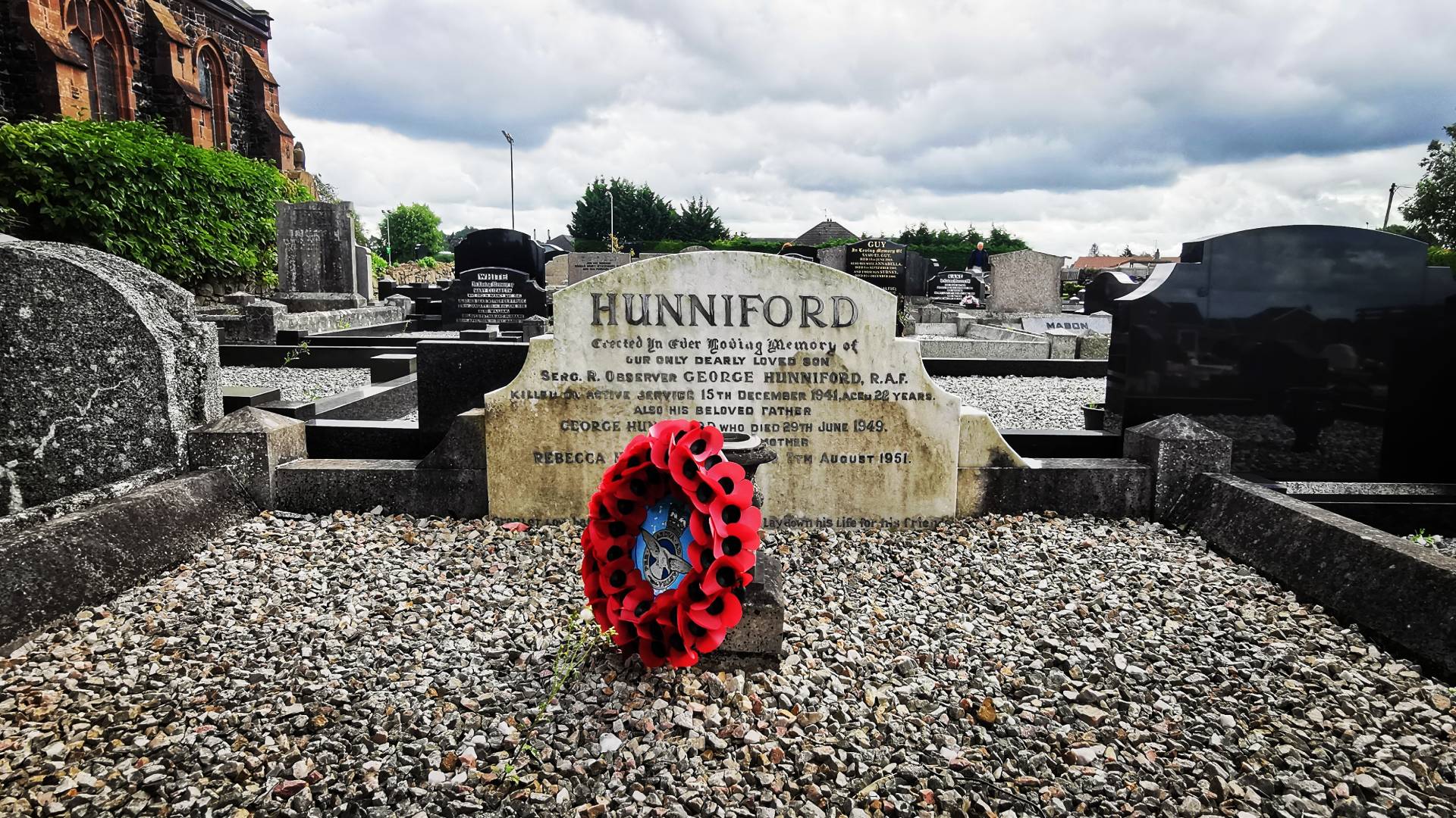 A family headstone marks the grave of Sergeant George Hunniford in Seagoe (St. Gobhan's) Church of Ireland Churchyard, Portadown, Co. Armagh.