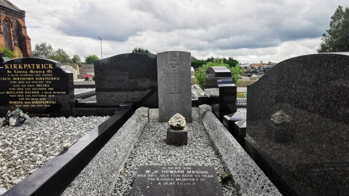 A Commonwealth War Graves headstone marks the grave of Sergeant Henry Howard Maginn in Seagoe (St. Gobhan's) Church of Ireland Churchyard, Portadown, Co. Armagh.