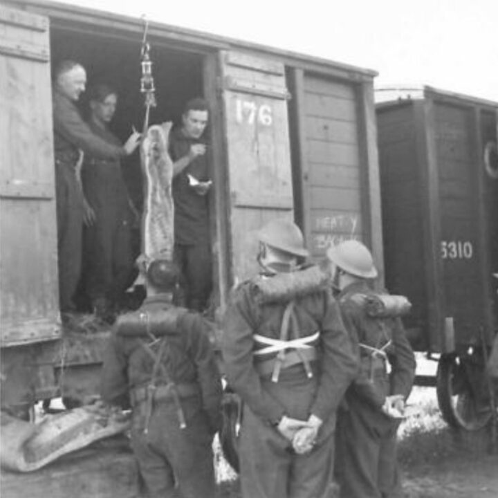 British soldiers taking part in a large scale exercise in the Northern Ireland District. 'Breaking Bulk' or the careful measuring and rationing out of grocery items being drawn by the Supply Column at a Supply Railhead at Keady Railway Station, Keady, Co. Armagh.