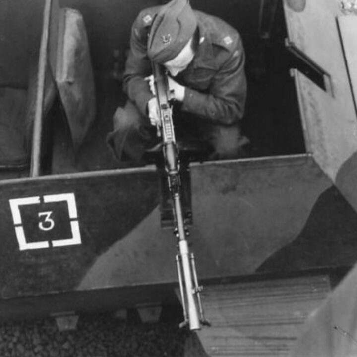 A new type of machine gun mounting in anti-aircraft positions on a Car Armoured Light Standard (Beaverette) in Northern Ireland.