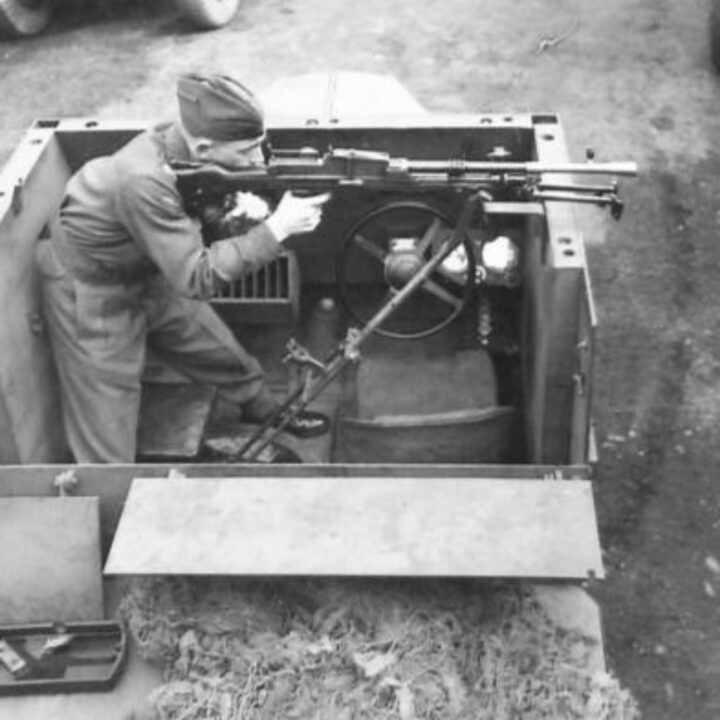 A new type of machine gun mounting in anti-aircraft positions on a Car Armoured Light Standard (Beaverette) in Northern Ireland.