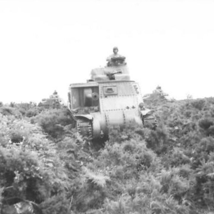 A squadron of M3 Lee Medium Tanks of a United States Army Armored Division crossing fields as part of Exercise Defiance near Carrickfergus, Co. Antrim.