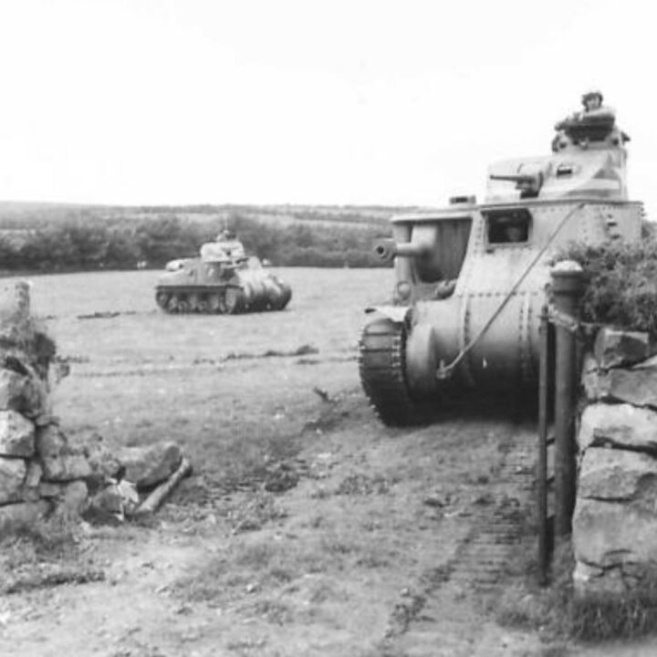 Crews in M3 Lee Medium Tanks of a United States Army Armored Division await orders for moving out as part of Exercise Defiance near Carrickfergus, Co. Antrim.
