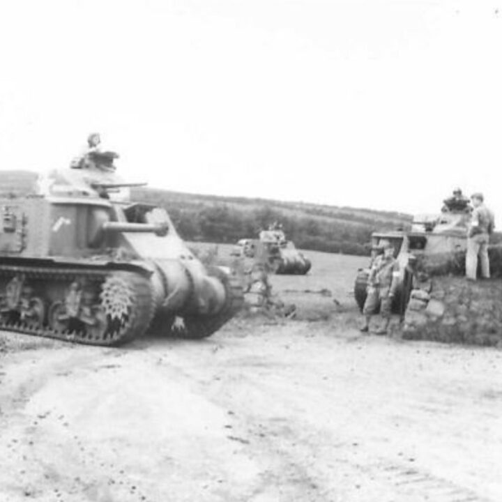 Crews in M3 Lee Medium Tanks of a United States Army Armored Division await orders for moving out as part of Exercise Defiance near Carrickfergus, Co. Antrim.