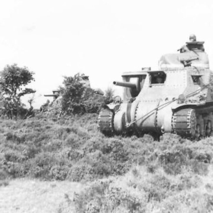 A squadron of M3 Lee Medium Tanks of a United States Army Armored Division crossing fields as part of Exercise Defiance near Carrickfergus, Co. Antrim.