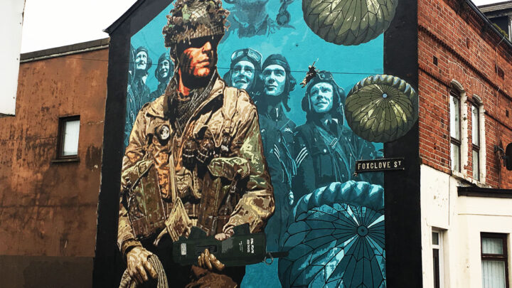 General Stanislaw Sosabowski of Polish 1st Independent Parachute Brigade, fighter pilots of R.A.F. 303 Squadron and an airborne soldier in contemporary battledress are depicted on a mural created by Dee Craig and Ballymac Friendship Centre on the corner of Foxglove Street and Beersbridge Road, Belfast.