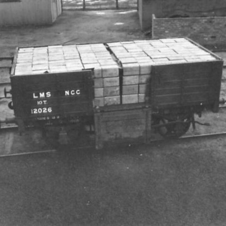 A railway truck loaded with empty petrol cans at a petrol distributing centre in Northern Ireland.