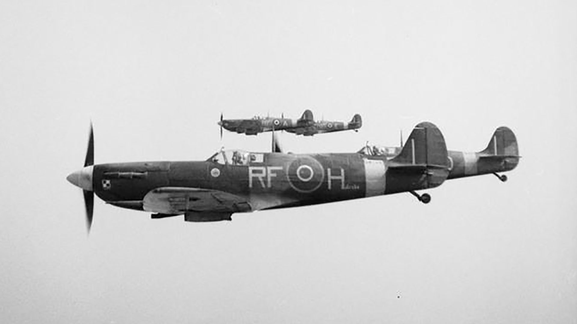 A formation of Mark VB Supermarine Spitfires of R.A.F. 303 (Kościuszko) Squadron escorting General Bernard Montgomery's Boeing B-17 from Prestwick to Northolt on his return from North Africa on 17th May 1943. Supermarine Spitfire V BM144 RF-H is likely flown by Squadron Leader Zygmunt Bieńkowski.