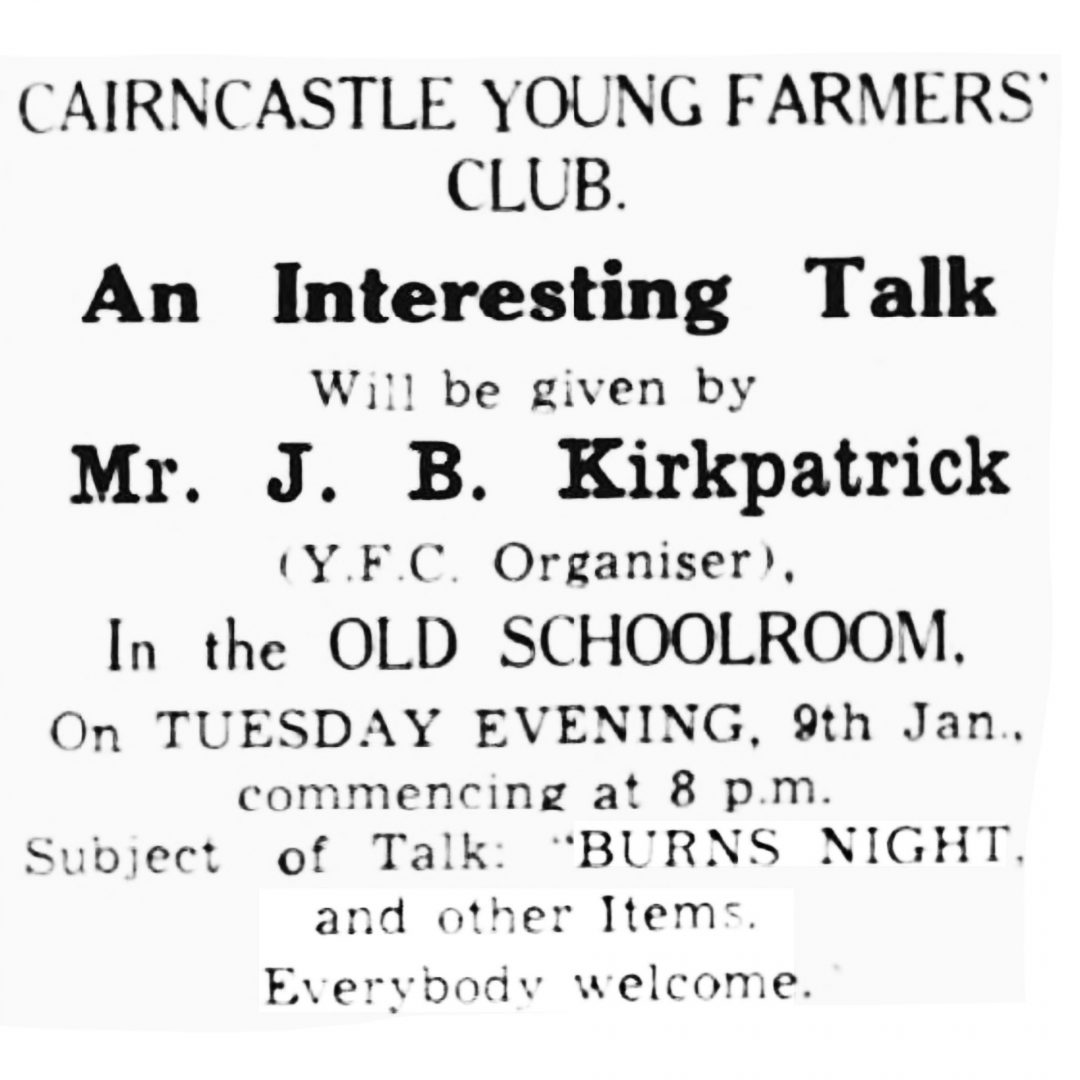 An advertisement of a talk on the subject of Burns Night at Cairncastle Young Farmers' Club in Larne, Co. Antrim.