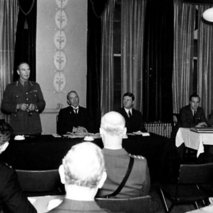 Lieutenant General Sir Alan Gordon Cunningham, General Officer Commanding Northern Ireland and the Right Honourable Sir James Andrews speaking at the first council meeting of the 'Salute The Soldier Campaign' at the Grand Central Hotel, Belfast.