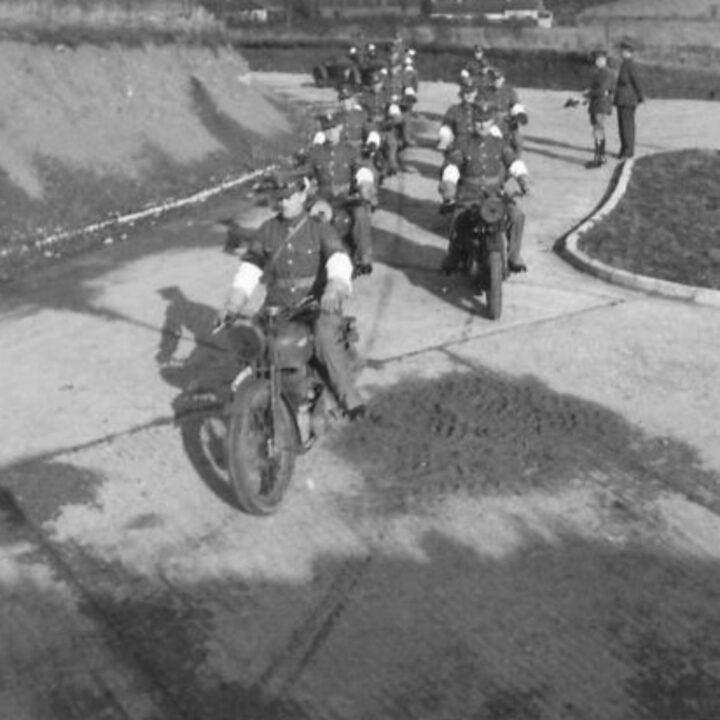 A squad of soldiers of the Corps of Military Police on a motorcycle training run while based with British troops in Northern Ireland.