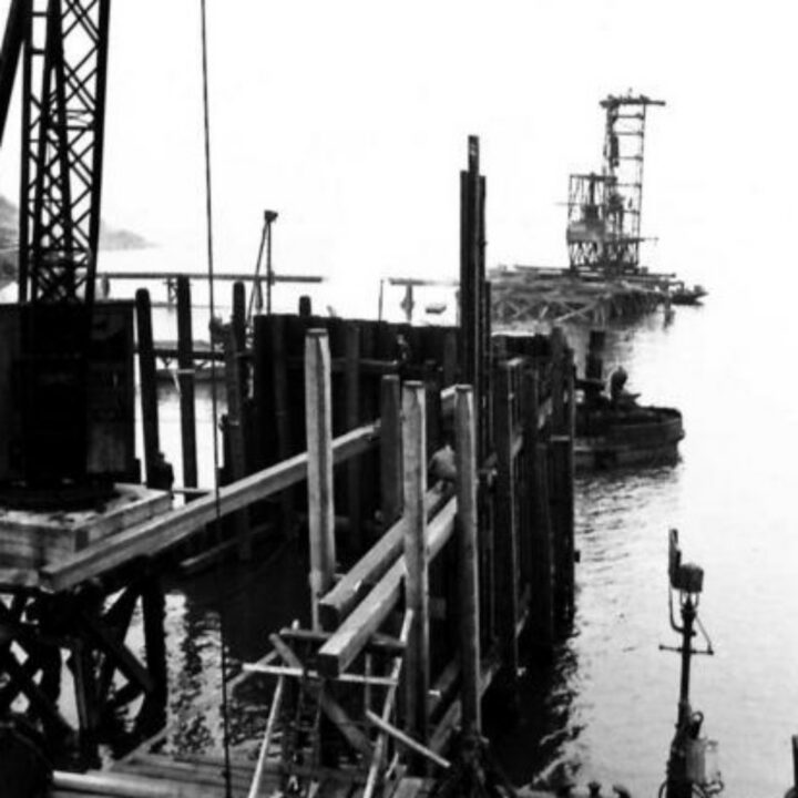 A view of operations during development work on the new jetty at Larne Harbour, Larne, Co. Antrim.