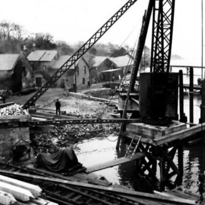 A view of operations during development work on the new jetty at Larne Harbour, Larne, Co. Antrim.