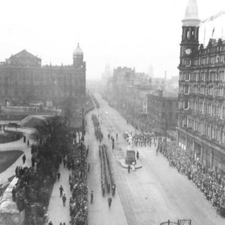 A parade marking the 26th anniversary of the Red Army at Belfast City Hall, Belfast.