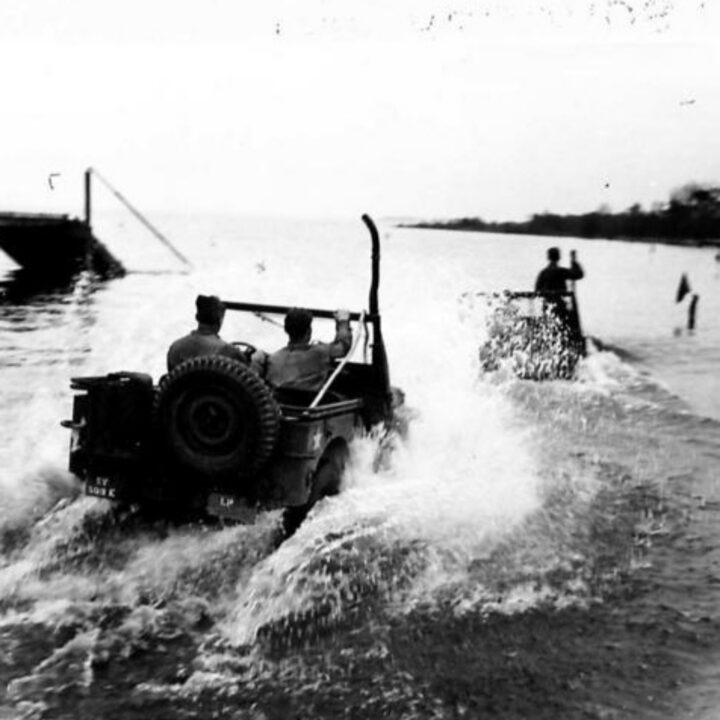 American jeeps carrying out waterproofing testing in deep water at Lady's Bay, Lough Neagh.