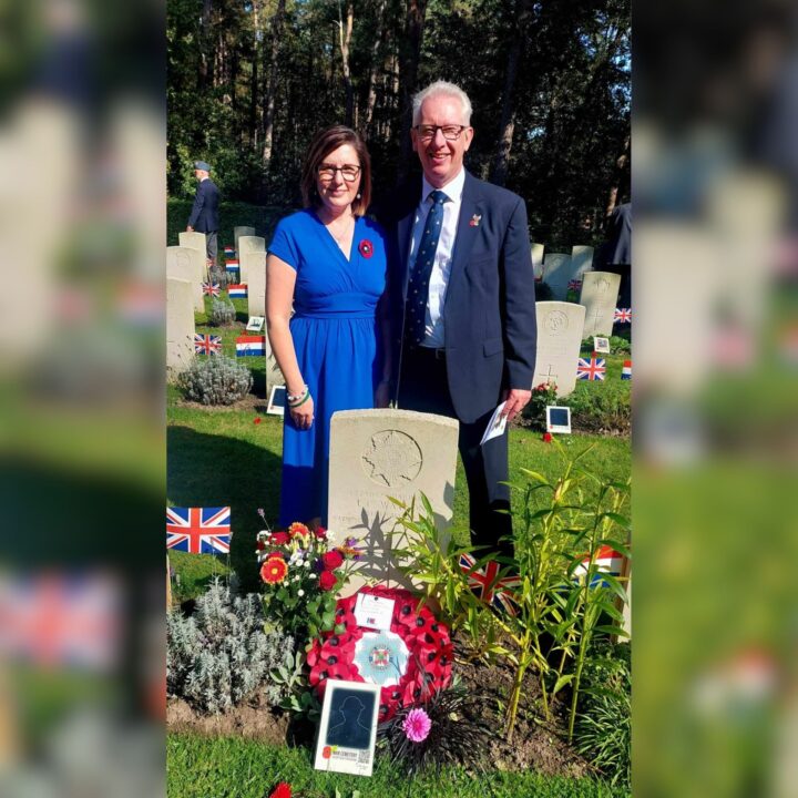 Bill Watson and his wife Angela visit the grave of Guardsman Thomas Crowe Watson of Dunmurry, Co. Antrim. Thomas died on 17th September 1944 during Operation MARKET GARDEN and is buried in Valkenswaard, Netherlands.